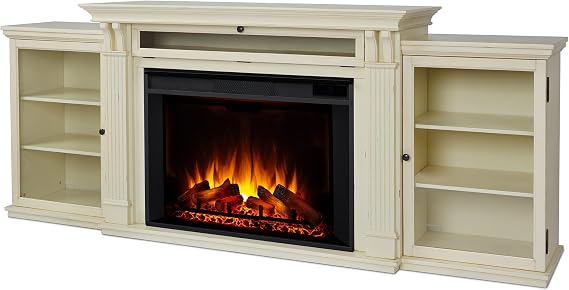 Real Flame Tracey 84" Grand Electric Fireplace TV Stand for TVs up to 80 inches, Entertainment Center with Adjustable Shelves and Storage, TV Stand for Living Room and Bedroom, Distressed White
