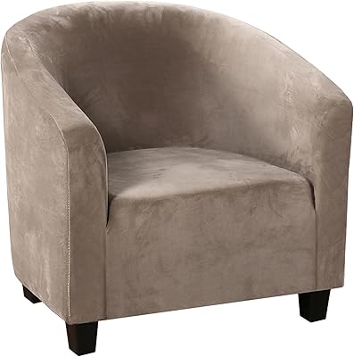 Velvet Club Chair Slipcover, Stretch Thick Barrel Chair Cover Removable Armchair Covers Non Slip Tub Chair Covers with Elastic Bottom Furniture Protector-Brown-1 Piece