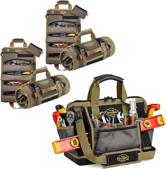 The Ryker Bag 16-inch Organizer Tool Bag Heavy Duty for Men/Women.28pockets Portable Tool Box Storage Electrician Bag Waterproof Tote & (2-pack) Original Tool Roll 6-Pouches For Mechanic & Hobbyist