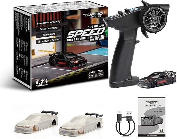 Turbo Racing 1:76 Scale RC Sport Car, Table Racing 2.4GHZ Remote Control Mini Model Car with Full Proportional RTR for Adults Toys (C77 Black)