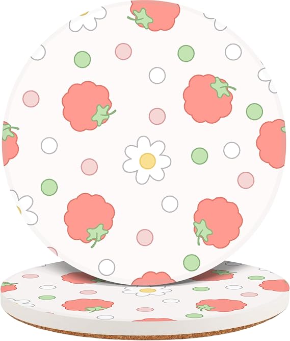 Ceramic Drink Coasters Set of 2 - Absorbent Cork Backed Coasters, Adorable Strawberry Daisy Pattern, Round Tabletop Coasters for Home Bar Coffee, Perfect Housewarming Gifts