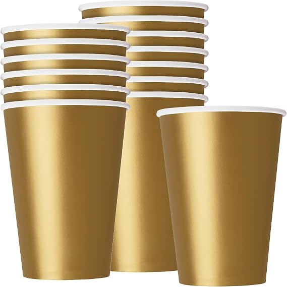 Gold Solid Paper Cups - 9oz (Pack Of 14) - Shimmering Party Cups, Durable & Eco-friendly - Perfect For Elegant Gatherings & Celebrations