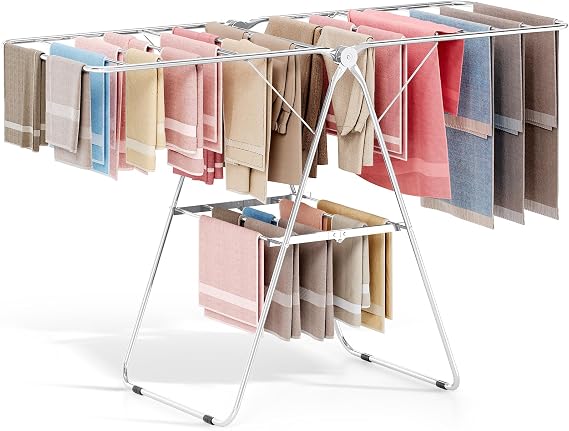 APEXCHASER Clothes Drying Rack Folding - Stainless Steel Drying Rack Clothing Height-Adjustable, Foldable Laundry Rack, Space-Saving, Collapsible for Indoor Outdoor Use for Clothe, Towels, Chrome