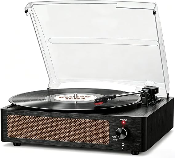 Seasonlife Vinyl Record Player with Speakers,Wood Black Vintage Turntables
