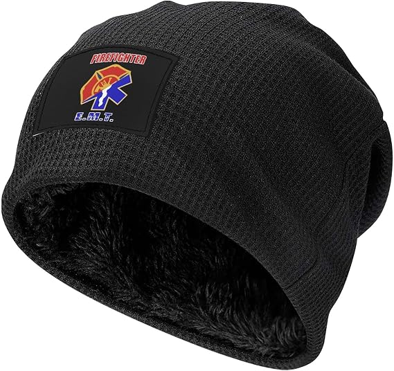 Firefighter EMT Logo Knit Hat Winter Warm Knitted Caps Fleece Lined Beanie Hats for Men Women