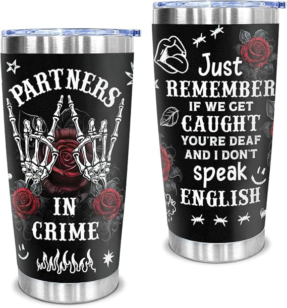 Gothic Partners in Crime Tumbler Gift for Best Friend, Funny Stainless Steel Travel Mug with Skeleton Hands & Roses, Friendship BFF Birthday Christmas Present for Women Girls