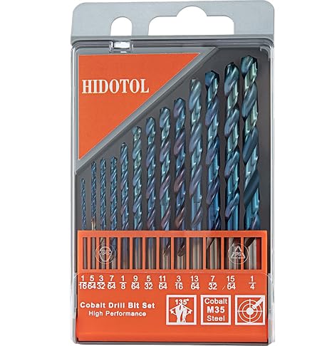 HIDOTOL 13 PCS Blue Coating Cobalt Drill Bit Set M35 HSS Twist Drill Bits 1/16"-1/4" for Hardened Metal, Stainless Steel, Cast Iron, Plastic and Wood