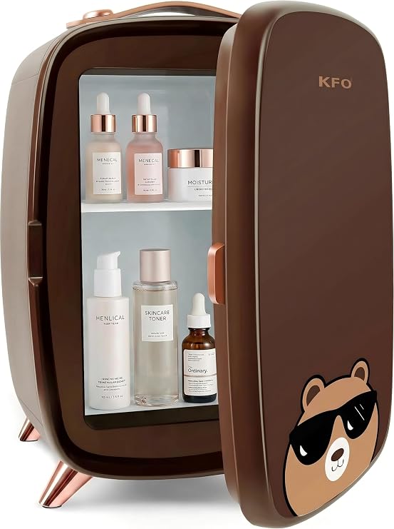 KFO Mini Skincare Fridge 6L Beauty Fridge with 7 Tilted LED Mirror & 3-Mode Light, Portable Cosmetic Cooler for Makeup Serums, 43F 20dB Quiet, 100-240V Small Fridge for Bedroom Bathroom Office