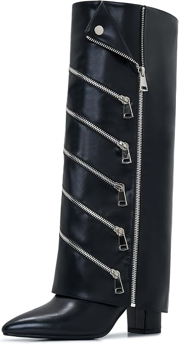 Fold Over Boots For Women Wide Calf knee high Tall Foldover Plus Size Boots Chunky Side Zipper Pointed Toe