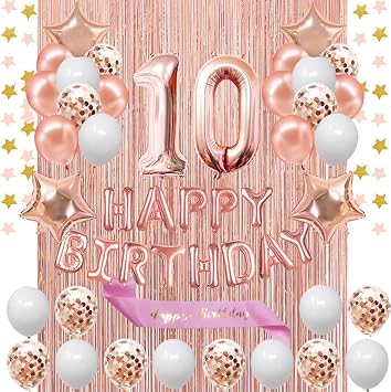 Fancypartyshop 10th Birthday Decorations - Rose Gold Happy Birthday Banner and Sash with Number 10 Balloons Latex Confetti balloons Ideal for Girl 10 years old birthday 10th birthday