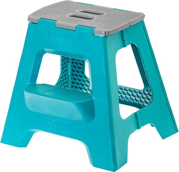 Vigar Compact Step Stool Foldable for Adults 40 cm 2-Step Folding Stool Foldable 150 kg Non-Slip Lightweight Foldable Stool for Home Bathroom Bedroom Office Turquoise