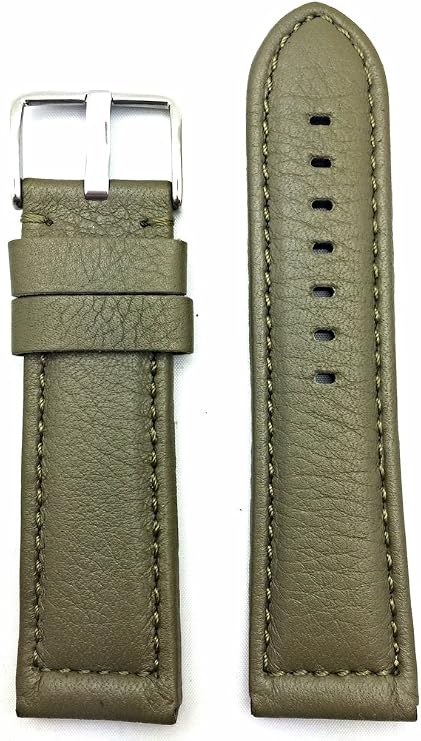 26mm Long, Olive Green Leather Watchband Compatible with Panerai Watch | Medium Padded, Mens Long Length