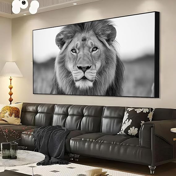 Lion Canvas Wall Art, Black and White Lion Head Portrait Artwork Painting Print, Lion Pictures Wall Decor, Modern Black and White Animal Photography for Living Room (Black Framed, 23x13in|60x35cm)