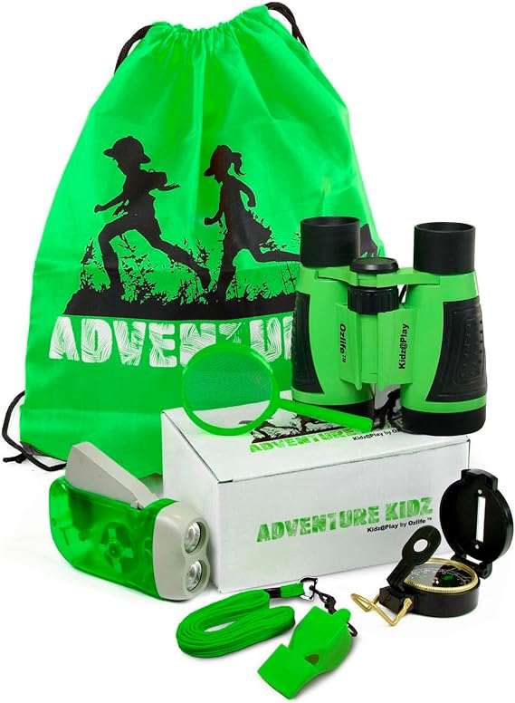 Adventure Kidz Outdoor Exploration Kit, Childrens Binoculars with Case, Flashlight, Compass, Whistle, Magnifying Glass, Backpack. Great Kids Gift Set for Camping, Hiking, STEM and Pretend Play | Binoculars, Flashlight, Compass, Fox Whistle, Magnifying Glass & Backpack