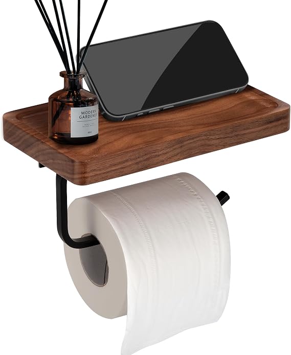 Toilet Paper Holder Walnut Wood Shelf - Wall Mount & Self-Adhesive