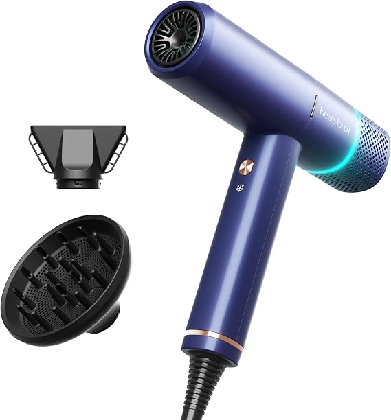 Hair Dryer Ionic Hairdryer, High Speed Blow Dryer with Diffuser for Women & Men, Fast Dry with 3 Temps/2 Speeds, Cold Shot, Lightweight for Home Travel, Even Heat, Anti Frizz, Low Noise, Blue