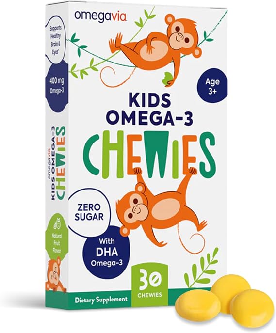 OmegaVia Omega 3 Chewies, Sugar-Free Vitamins for Kids Ages 3-12 (30 Chews) | Daily DHA Chewable for Kids, Brain & Eye Health Support, Natural Fruit Flavor, Omega 3 Fish Oil Chews, 30 Individual Packets