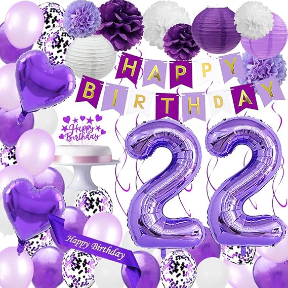 Purple 22nd Birthday Decorations set Happy Birthday Banner Sash and Cake Topper Number 22 Confetti Latex Balloons Paper Lanterns for 22 Years Old Birthday Party