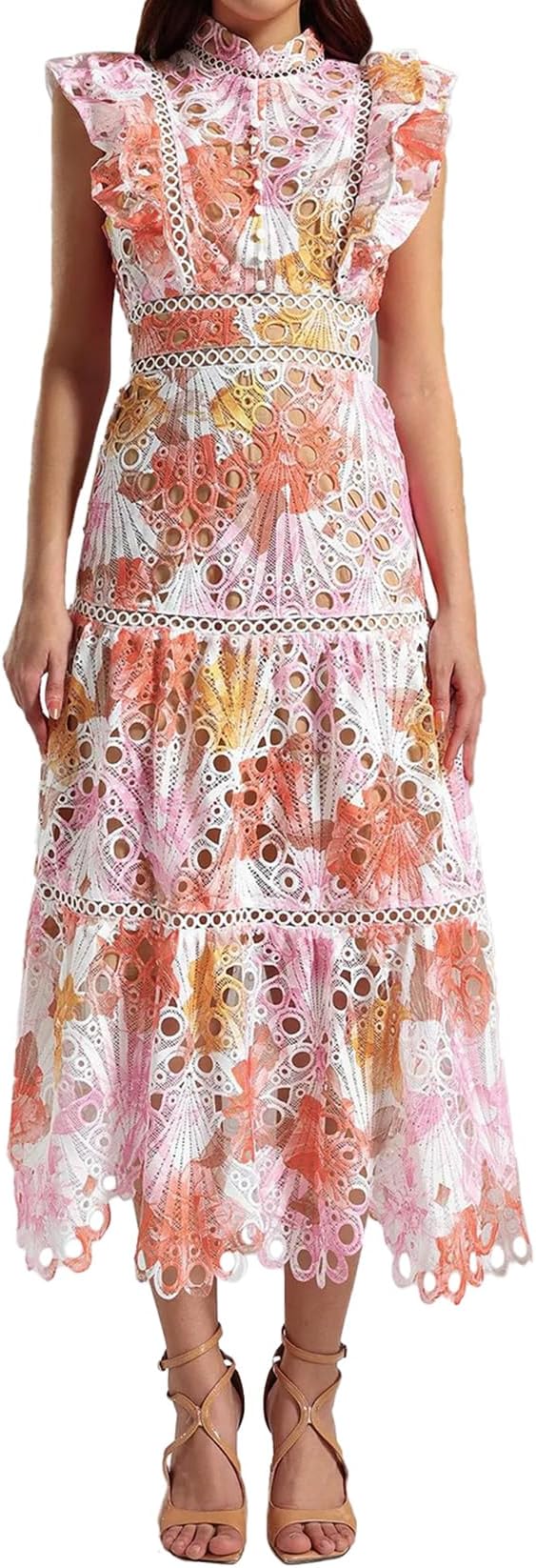 Whimsical Blue Mock Neck Sleeveless Ruffled Garden Party Floral Dress