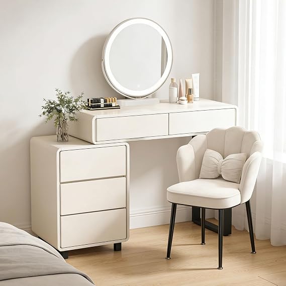 White Dressing Table with LED Mirror and Chair, Modern Vanity Table with 5 Drawers, Makeup Table for Bedroom, Easy to Assemble