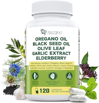 16-in-1 Oil of Oregano with Black Seed Oil Capsules - Garlic Supplements with Elderberry, Olive Leaf, Zinc, Vitamin C & D3, Quercetin for Immune, Respiratory & Gut Support, 60 Day Supply