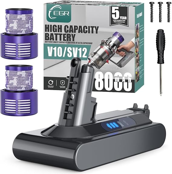 EGR 8000mAh V10/SV12 Battery Replacement Compatible with Dyson V10 Animal/Absolute/Fluffy/Motorhead SV12 Cordless Stick Vacuum Cleaner with 2 Filters