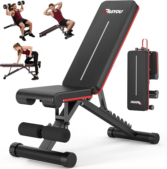 PASYOU Adjustable Weight Bench, 660LB Capacity Foldable Workout Bench, Incline Flat Bench Press for Home Gym, Dual-Frame Strength Training Bench, No Assembly Required, Wider Seat