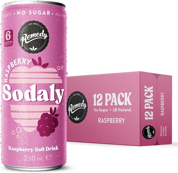 Remedy Sodaly Raspberry Prebiotic Soda, 12 x 250ml Cans - All-Natural Flavoured Fizzy Drink with Prebiotics for Gut Health - Sugar Free Soft Drink with No Artificial Sweeteners