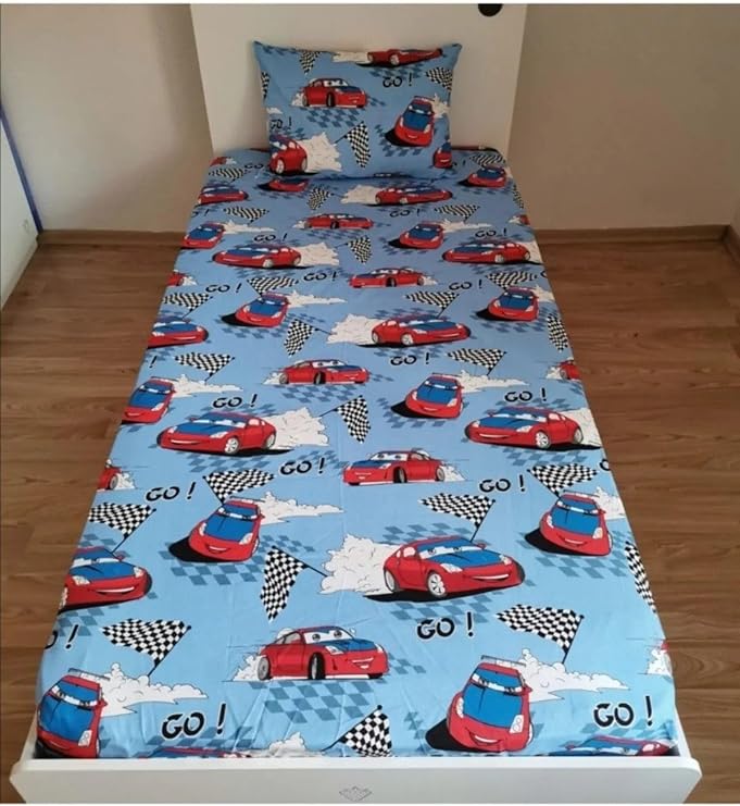 DENİZLİ ÇEYİZ Tek Kişilik Lastikli Fitted Çarşaf Takımı Kırmızı Araba Mavi 100 x 200