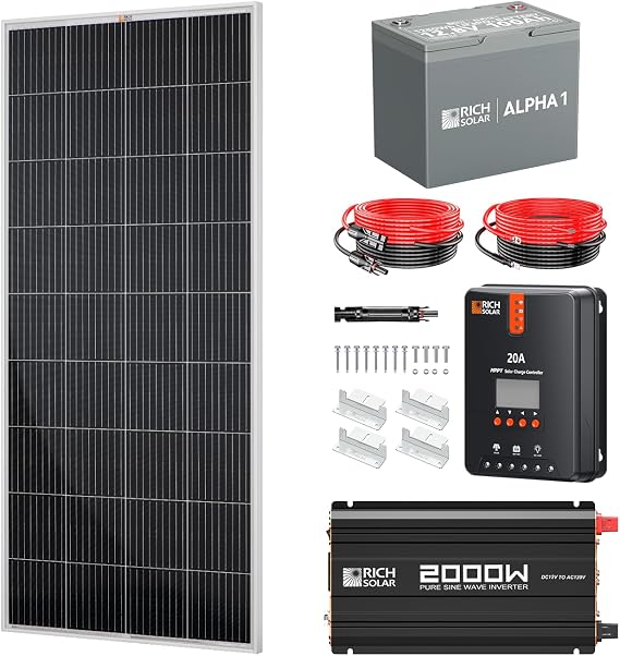 RICH SOLAR 200 Watt Complete Solar Kit - 200W Monocrystalline Solar Panel, 20A MPPT Charge Controller, 12V 100Ah Battery, 2000W Inverter