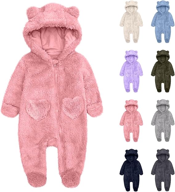 Newborn Baby Bear Outfit With Footies Girls Boys Winter Fleece Clothes Hooded Romper Snowsuit Outwear