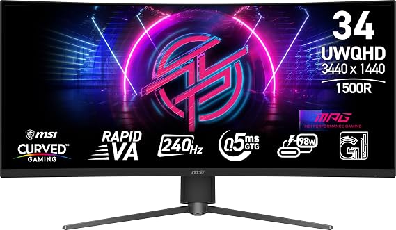 msi MPG 346CQRF X24 34-inch 3440 x 1440 (UWQHD) Gaming Monitor, 240Hz, AMD Adaptive Sync, HDR Ready, HDMI, VGA Port, VESA, Tilt, 0.5ms, Black