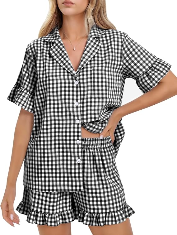 Flygo Womens Cotton Pajamas Set Gingham Lounge Sets Ruffle Shorts Pjs