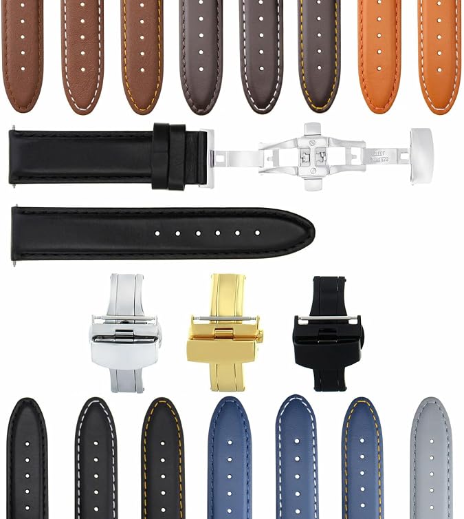 Ewatchparts 18-19-20-22-24mm Genuine Leather Band Strap Smooth Deployment Clasp Compatible with Rolex