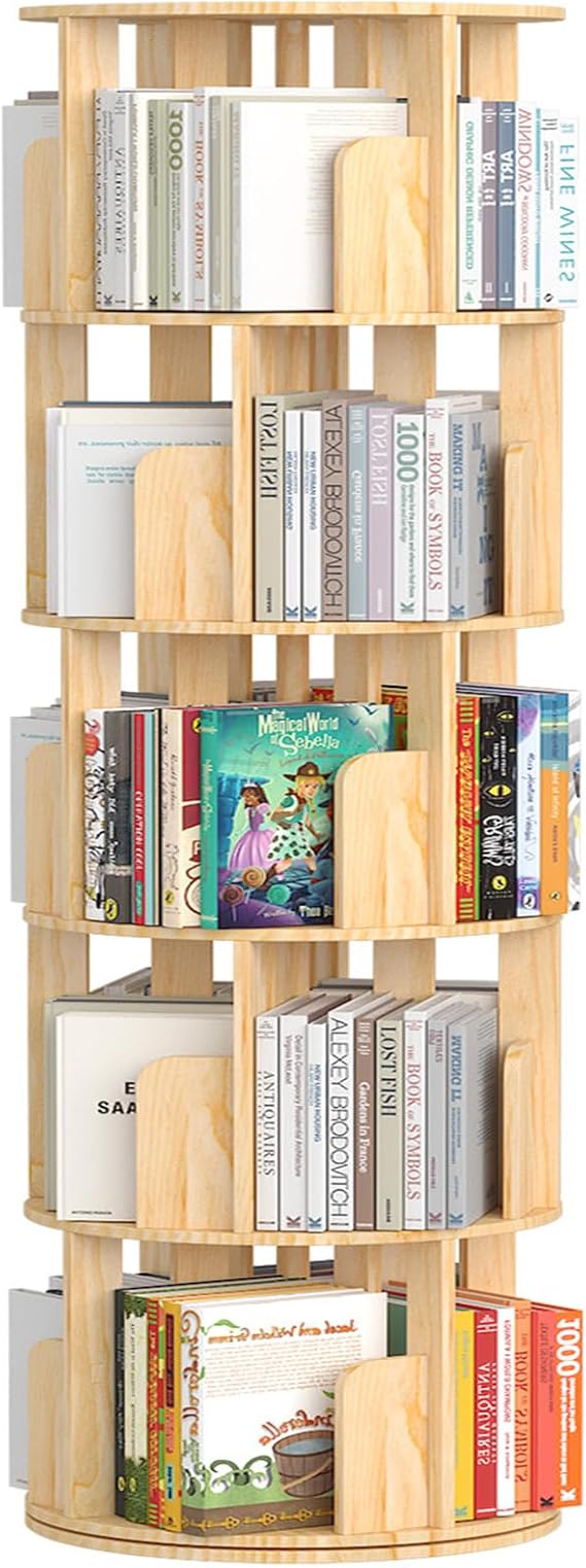 YGYQZ Rotating Bookshelf, 5 Tier Floor Standing Bookcase Wood 360 Display Narrow Book Shelf Organizer for Kids & Adult Storage Rack for Bedroom, Living Room, Study Room