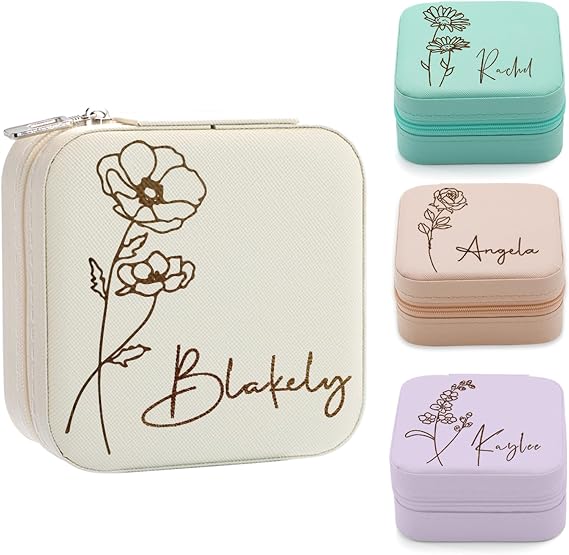 Yofair Personalized Jewelry Box with Birth Flower Bridesmaid Gifts Custom Leather Travel Jewelry Case Ring Box Christmas Birthday Gifts for Women