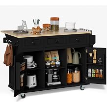 Rovibek Kitchen Island with Drawers 53 in Rolling Island Cart Mobile Portable Islands on Wheels Solid Wood Island with Storage Cabinet & Drawers, Jet Black