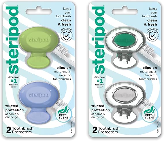 Steripod Clip-On Toothbrush Protector, Keeps Toothbrush Fresh and Clean, Fits Most Manual and Electric Toothbrushes, Blue, Green, Clear, 4 Count