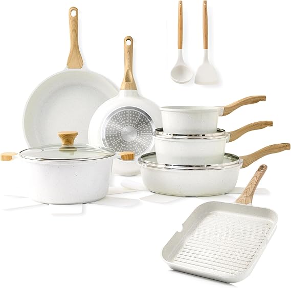 SENSARTE Ceramic Nonstick Cookware Set 17 Piece, includes 9.5 inch Grill Pan, Induction Kitchen Set