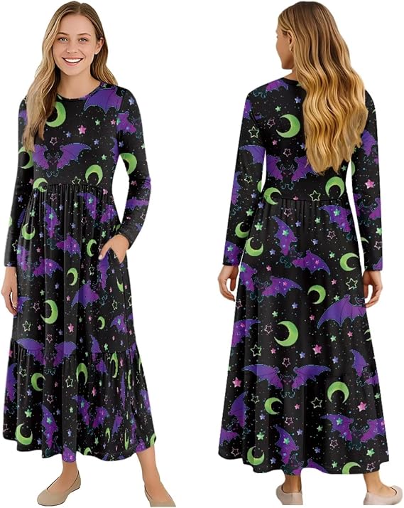 Women Fall Casual Dresses, Comfortable Crewneck Long Sleeve High Waist Smocked Bottom Polyester Dress with Pockets
