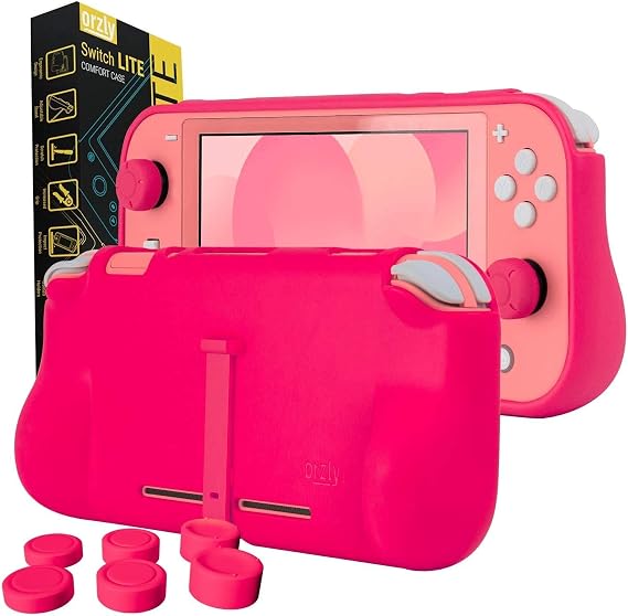 Orzly Grip Case Compatible for use with Nintendo Switch Lite Case with Comfort Padded Hand Grips, Kickstand, Pack of Thumb Grips - Pink