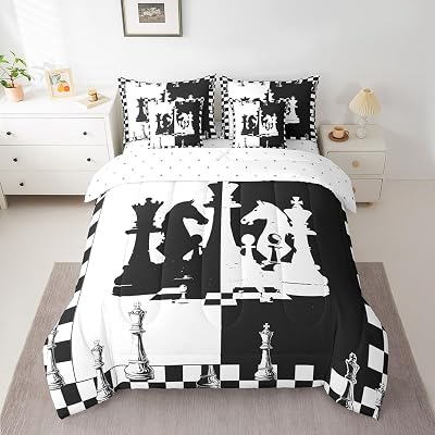 7 Pieces International Chess Comforter Set Twin, Chess Games Bed Set for Kids Boys Girls, Black and White Grid Bedding1 Comforter,1 Fitted Sheet,1 Flat Sheet,2 Pillowcases,2 Throw Pillow Cover
