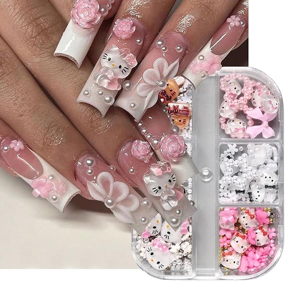 6Girds/Box Cartoon Nail Art Charms Set, 3D Cute Nail Rhinestones Charm Nail Bow and Heart 3D Flowers for Nails Design, Gems Pearls Nail Jewelry DIY Crafts Nail Art Accessories Manicure Tools
