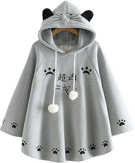 Women Kawaii Hoodie Cute Cat Ear Anime Hooded Sweatshirt Japanese Meow Aesthetic Pom Pom Preppy Tops Clothes Winter Fall