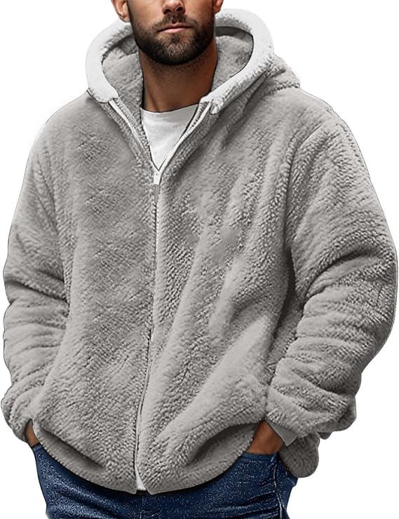 Men Fleece Hoodie Winter Warm Zip Up Fuzzy Reversible Sherpa Jacket Fall Thermal Cozy Oversized Fluffy Teddy Bear Coat