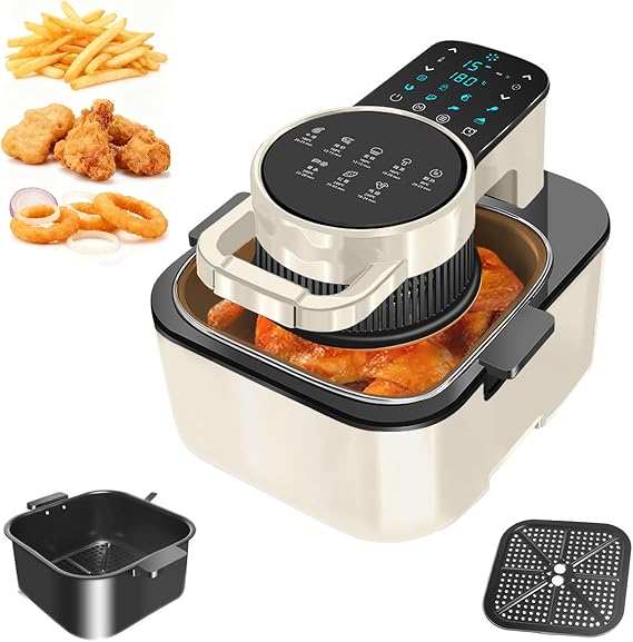 Air Fryer with Viewing Window & 8-Touch Presets, 1350W Large Capacity Air Fryers for Family, Auto-Shutoff, Dishwasher Safe Basket, Healthy Oil Free Cooker for Wings, Fries, Veggies white