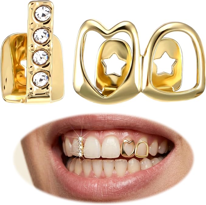 2 Pcs Rhinestone Gold Grills Heart Hollow Teeth Grills Halloween