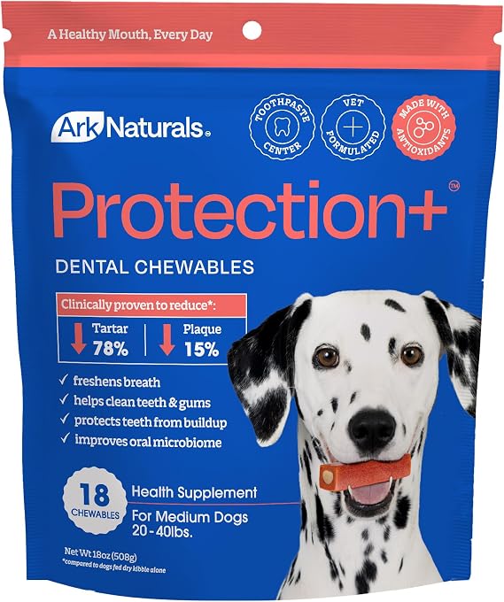 Ark Naturals Protection Plus Brushless Toothpaste for Medium Breeds, 18 oz Bag, Dog Dental Chew with Toothpaste Center, Prevent Plaque & Tartar, Freshen Breath
