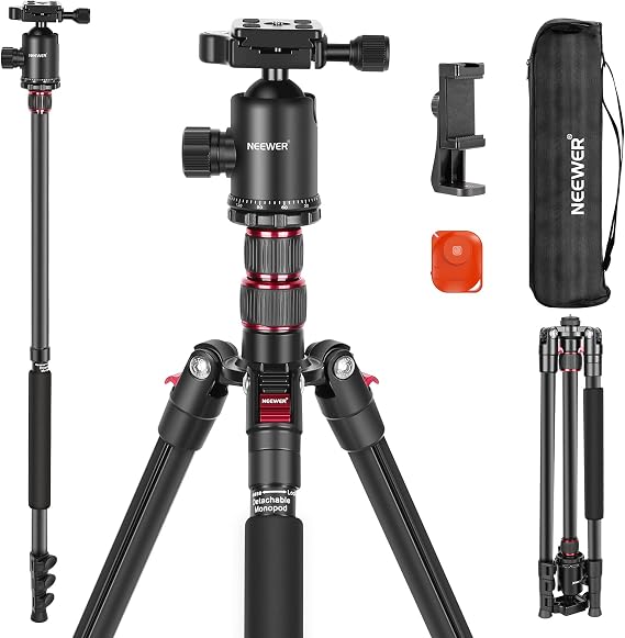NEEWER 77 Camera Tripod Monopod with Phone Holder, Portable Travel Tripod with Remote, 360 Ball Head, 2 Axis Center Column, Arca QR Plate and Bag, Aluminum DSLR Tripod 34lb Max Load, TP77