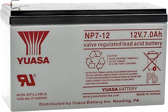 Yuasa Taiwan NP7-12 Sealed Lead Acid Battery, 12V 7Ah, Maintenance-Free Non-Spillable Rechargeable SLA for UPS, Security, Emergency Lighting, and Backup Power